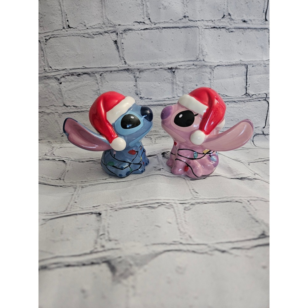 Disney Stitch Angel Christmas Salt Pepper Shaker Set OS 3.5in Blue Pink Holiday
